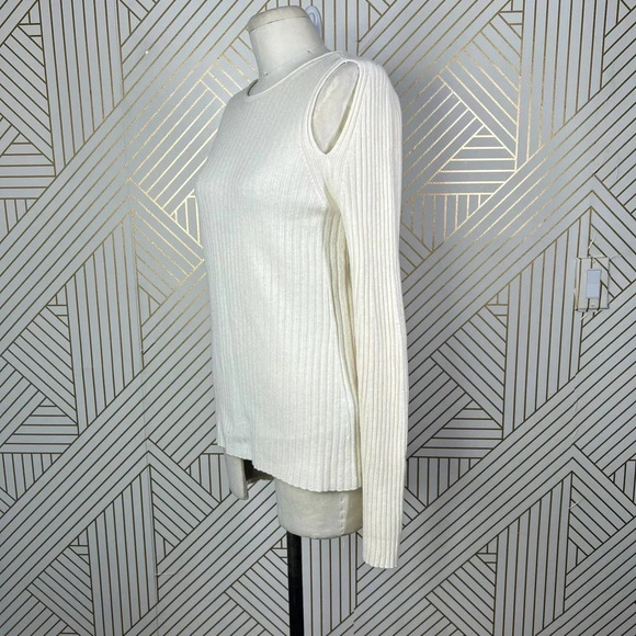 Vince Ribbed Cutout Shoulder Slit Cashmere Sweater Cream Ivory Size US Medium - Picture 5 of 12